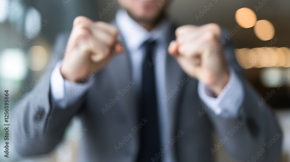 Poster blurred image of businessman with clenched fists showing determination and focus in modern office se