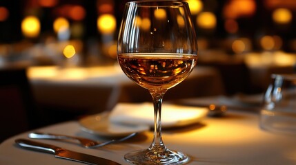 Elegant glass of wine on a beautifully set restaurant table with soft ambient lighting