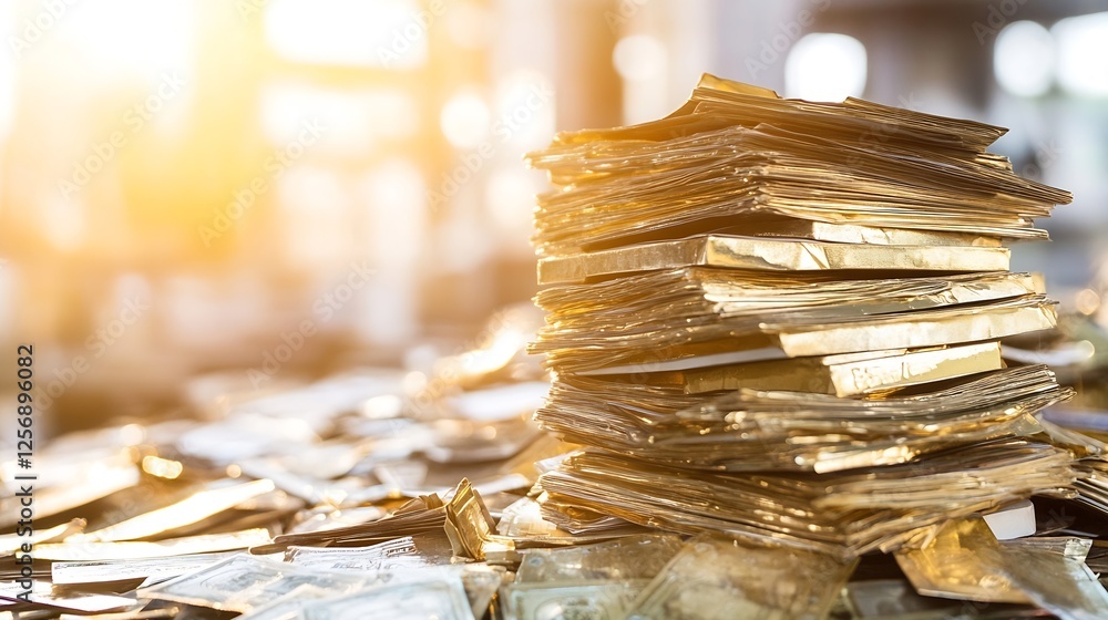 Poster impressive stack of cash and gold bars glimmering in the warm sunlight representing wealth and prosp