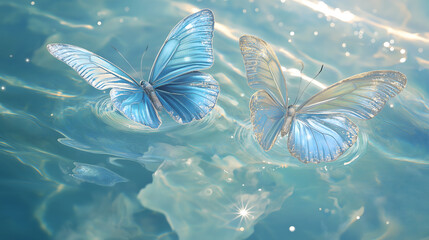 Two shimmering blue butterflies gracefully floating on water, reflecting light in a dreamy atmosphere