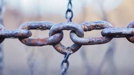Fototapeta premium Close up view of rusted heavy chains interconnected in a weathered rustic setting : Generative AI