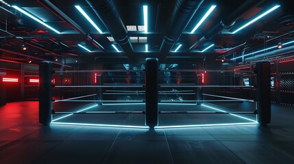 Futuristic neon lit cyberpunk inspired interior design with illuminated grid panels creating a dramatic and mysterious atmosphere  This surreal and captivating scene evokes a sense of technology