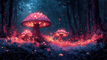 Enchanted forest scene featuring glowing mushrooms amidst vibrant flora and soft lighting