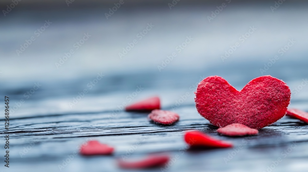Poster red felt hearts scattered on a wooden surface create a romantic and lovely atmosphere : generative a