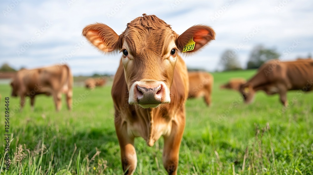 Poster adorable young brown calf standing in a green field with pasture and cows in the background : genera