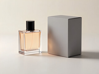 Elegant perfume bottle with sleek design and accompanying gray box mockup