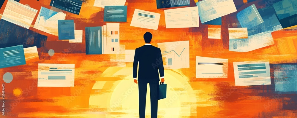 Aufkleber businessman standing looking at floating documents and data