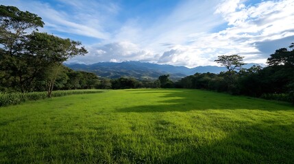 Fototapeta premium Expansive green field surrounded by mountains and lush vegetation under a bright sky : Generative AI