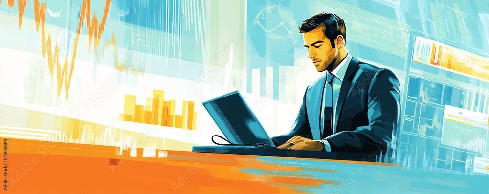 Poster businessman analyzing data and charts on laptop in office setting