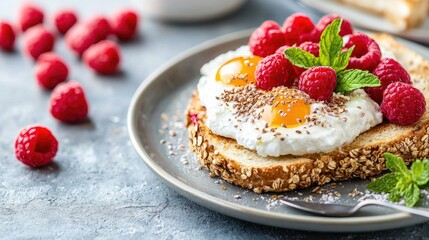 Healthy breakfast Fried eggs, raspberries, and yogurt on toast