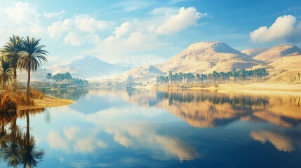Fototapeta premium Serene Landscape with Mountains, Palm Trees, and Tranquil Lake Under Blue Sky and Fluffy Clouds at Sunset