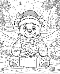 Coloring page for kidsblack and white Christmas teddy bear with a Santa hat and scarf holding a gift cartoon style thick lines low detail no shading snowy back