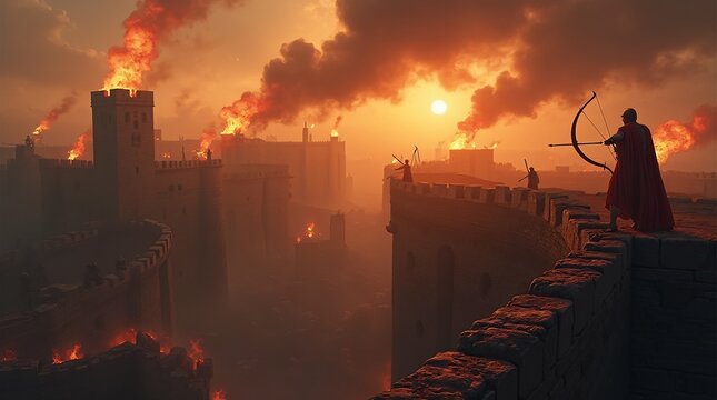 Fortress wall during a siege, burning torches, archers on the walls and clouds of smoke