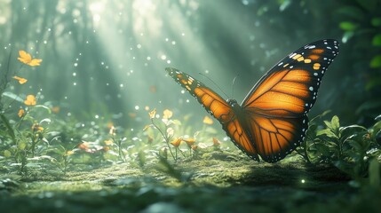 Vibrant Monarch Butterfly Resting on Lush Greenery with Sunlight Filtering Through Trees