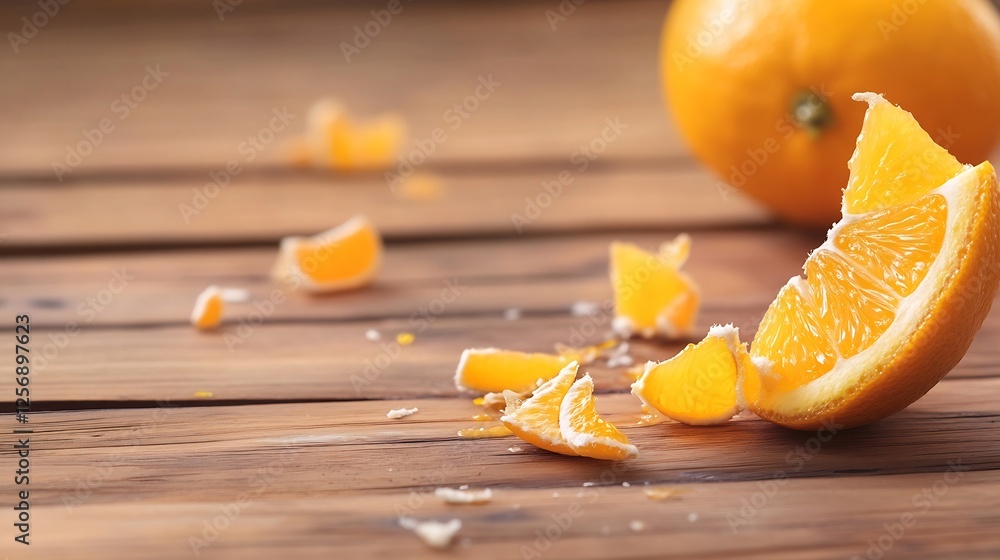 Aufkleber juicy orange segments scattered on rustic wooden surface with whole orange in close proximity to add