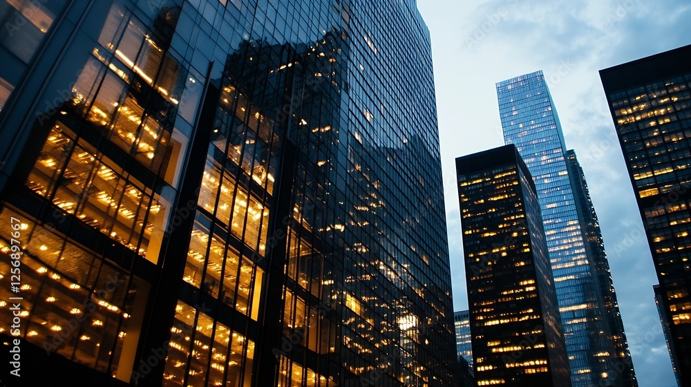 Aufkleber illuminated office buildings in urban setting against evening sky : generative ai
