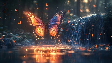 Vibrant butterfly gracefully hovering above a serene waterfall in a mystical forest setting