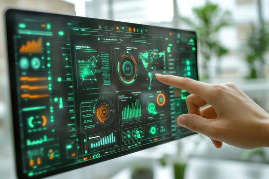 A futuristic interface displaying data analytics and visualizations.