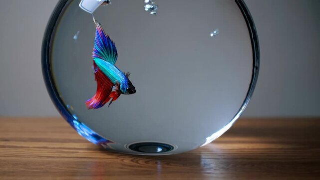 Close-up video of a vibrant betta fish swimming gracefully in a glass bowl, shot from a side angle, highlighting its colorful fins and fluid motion.