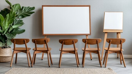 Empty classroom; wooden chairs, whiteboard, plant
