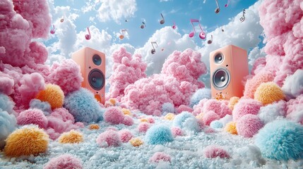 Vibrant pastel cloud landscape with speakers and musical notes floating in a whimsical atmosphere