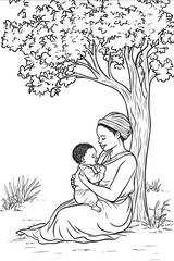 An African woman nursing her child under a tree cartoon style coloring page crisp lines simple lots of white space isolated on white background