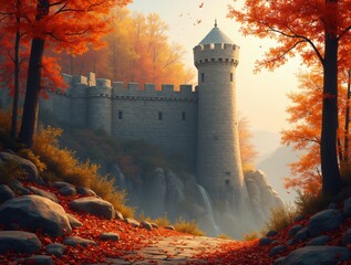 Fototapeta premium The fortress wall surrounded by golden and red trees of autumn
