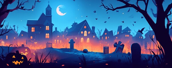 Spooky halloween night with pumpkins and graveyard illuminating a small village