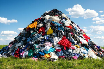 Textile waste pile outdoors, sunny day.  Environmental impact