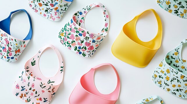 A row of baby bibs with floral designs