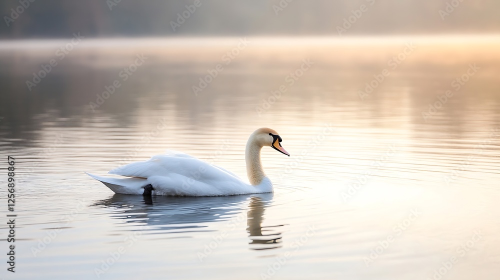 Poster elegant swan gracefully gliding across the tranquil waters at sunrise creating a serene atmosphere :