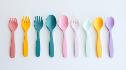 A row of colorful plastic spoons and forks