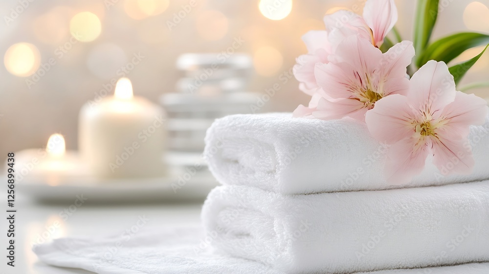 Aufkleber soft white towels with delicate flowers and candles creating a serene spa atmosphere for relaxation 