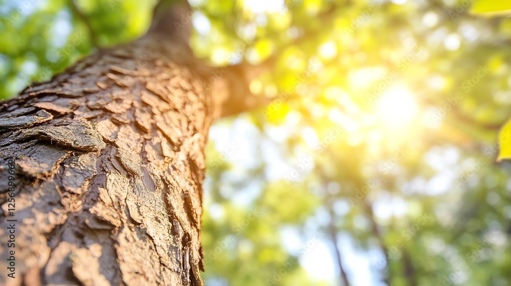 Poster closeup of a textured tree trunk in a sunlit forest highlighting nature's intricate details and beau