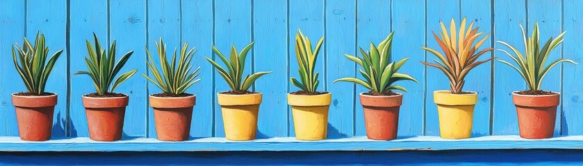 Fototapeta premium Colorful potted plants on blue shelf, sunny day. Home decor