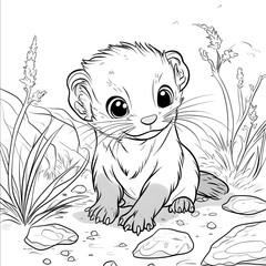 black and white coloring page for kids cartoon style baby ferret on ground