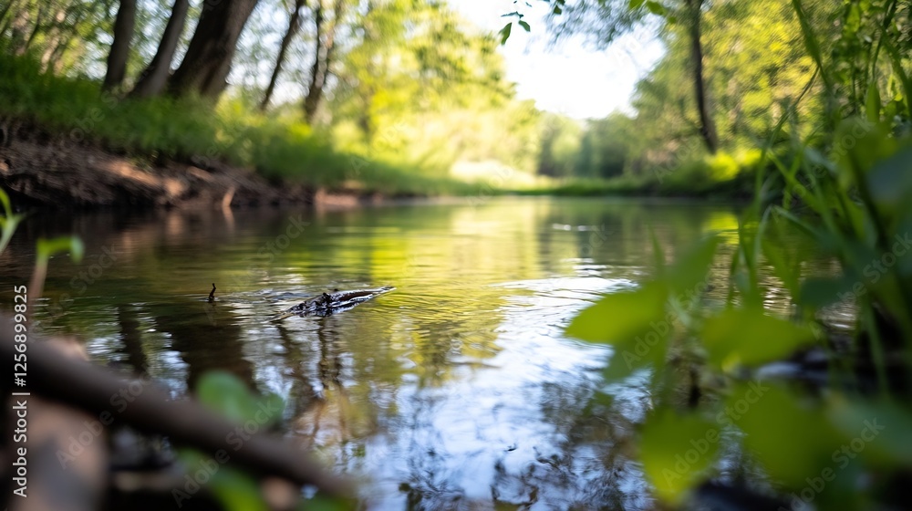 Poster tranquil and reflective image of a serene stream surrounded by lush greenery : generative ai