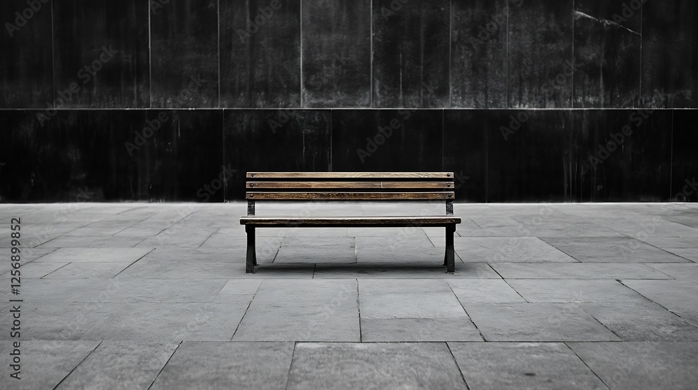 Poster minimalist wooden bench on concrete square against dark wall with smooth texture : generative ai
