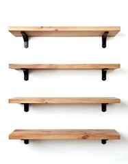 Fototapeta premium Floating wooden shelves rise gracefully with black brackets mounted on white background