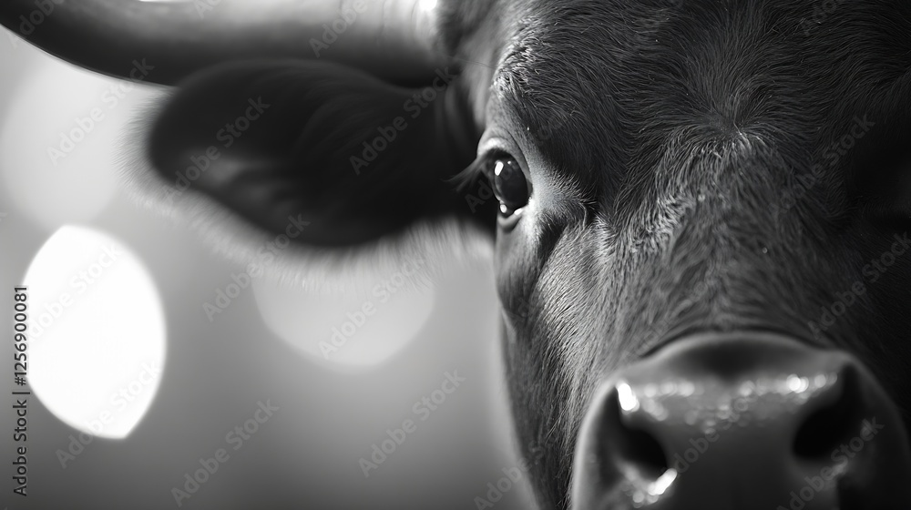 Poster Closeup portrait of a curious cow showcasing its expressive eye and textured black hide in a timeless setting : Generative AI
