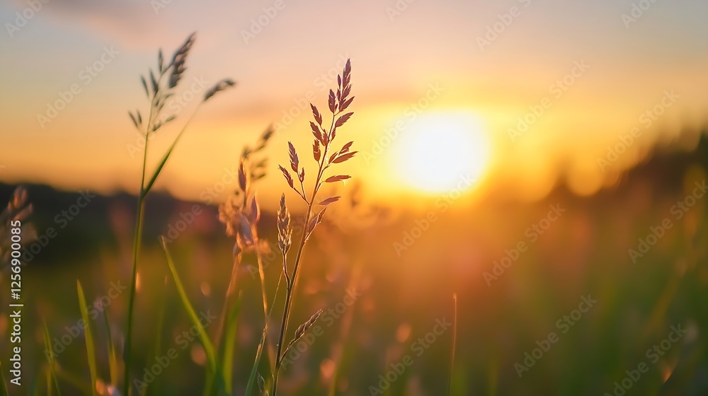 Poster closeup of golden grass swaying gently in the warm sunlight during sunset creating a serene atmosphe