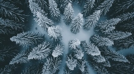 Aerial view of snow-covered evergreen trees forming a circular pattern in a winter landscape