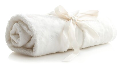 A white towel is rolled up and tied with a ribbon