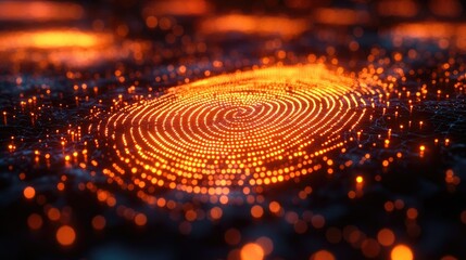 Abstract representation of a glowing fingerprint pattern on a dark background, symbolizing identity and technology