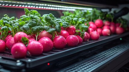 Freshly harvested radishes growing in a modern indoor farm with vibrant green leaves under LED lights
