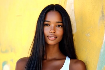 Fototapeta premium Commercial promotion visual idea. Long coiffure - straight hair. Pretty happy black girl - for ads, brochure and social media use. Afro-american style. Black female model. African hair fashio.