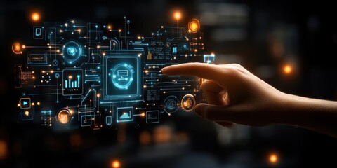 A hand interacting with a futuristic digital interface displaying various data elements.