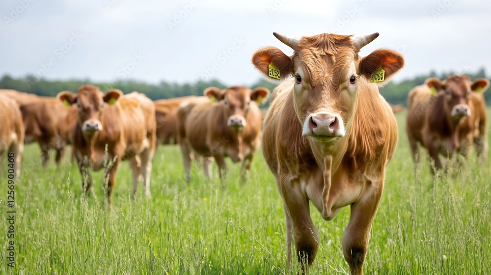 Poster brown cow standing in lush green pasture with herd grazing in background under cloudy sky : generati