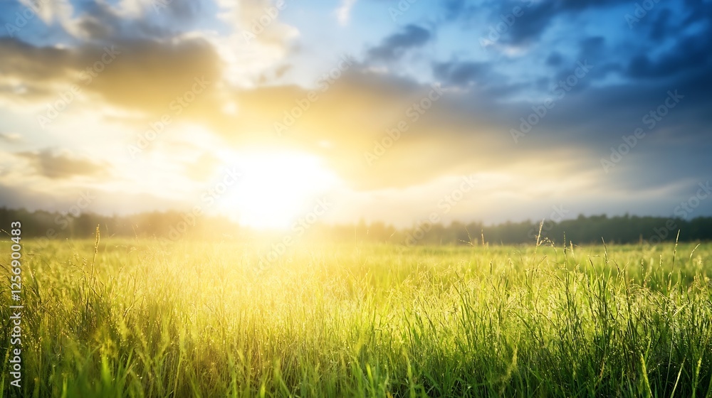 Poster beautiful sunrise illuminating green grass fields with clouds scattered across the sky : generative 