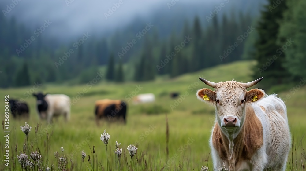 Poster curious brown and white cow gazing at camera with other cows grazing in the green grass : generative
